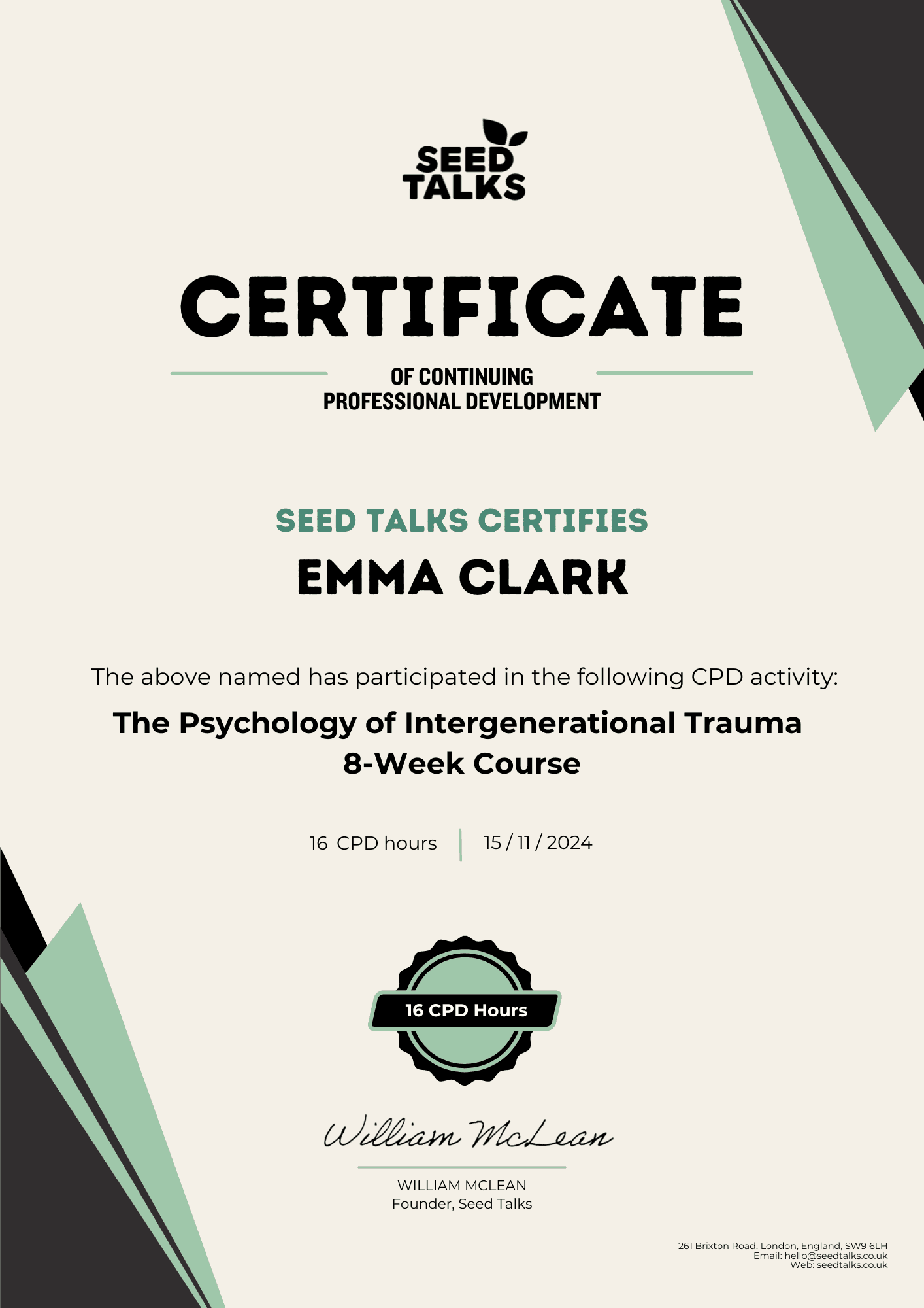 Example Seed Talks CPD certificate for a therapist, showing attendee name, event title, speaker, date and CPD hours