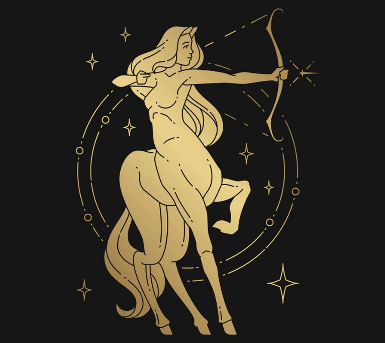 Gold illustration of a centaur-archer woman against a cosmic background