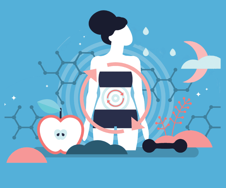 Illustration of a figure with gut-brain microbiome symbols