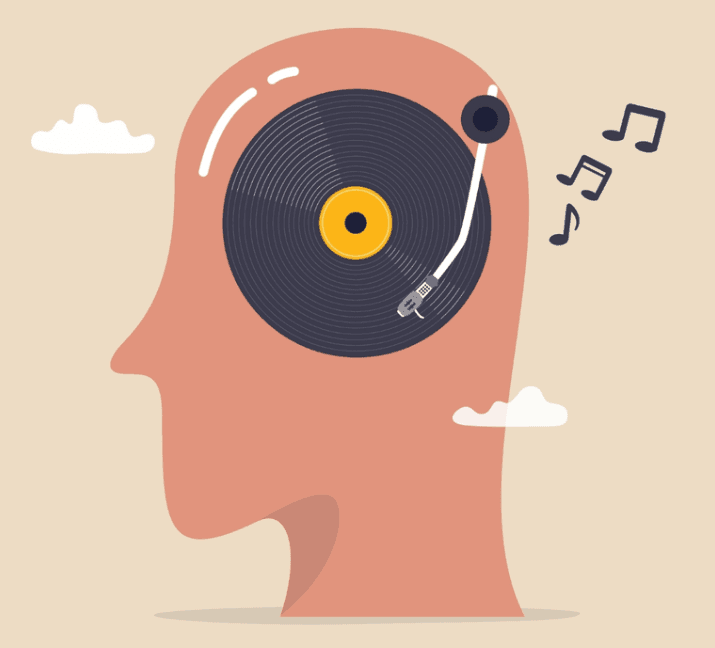 Illustrated head with a spinning vinyl record inside